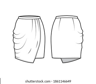 Skirt drapped technical fashion illustration with straight semi fitted knee silhouette, pencil fullness, thin waistband. Flat bottom template front, back white color style. Women men unisex CAD mockup