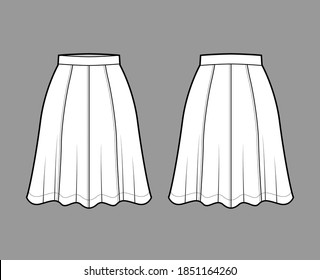 Skirt eight gore technical fashion illustration with below-the-knee silhouette, semi-circular fullness. Flat bottom template front, back, white color style. Women, men, unisex CAD mockup