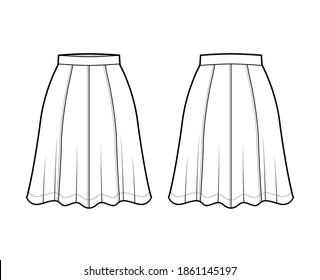 Skirt eight gore technical fashion illustration with below-the-knee silhouette, semi-circular fullness. Flat bottom template front, back, white color style. Women, men, unisex CAD mockup