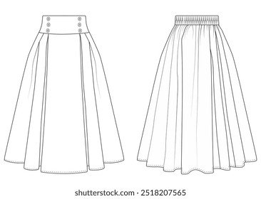 Saia, oito, gore, técnica, moda, ilustração, Moda, técnica, desenho, linha, saia, saia, moda, flat, template, circular, plenitude, base, template, frente, trás, branco, cad, vestido, pol