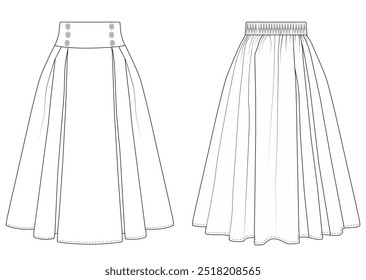 Skirt eight gore technical fashion illustration Fashion technical drawing of A-line skirt. Skirt fashion flat template.