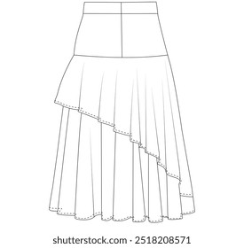 Skirt eight gore technical fashion illustration Fashion technical drawing of A-line skirt. Skirt fashion flat template.