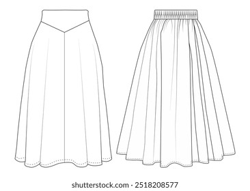 Skirt eight gore technical fashion illustration Fashion technical drawing of A-line skirt. Skirt fashion flat template.