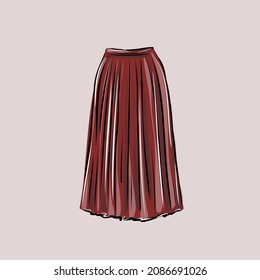 Skirt. Fashion. The basic wardrobe of a minimalist. Long fluffy pleated skirt. Clothes, dresses,  blouses.  Isolated vector object.