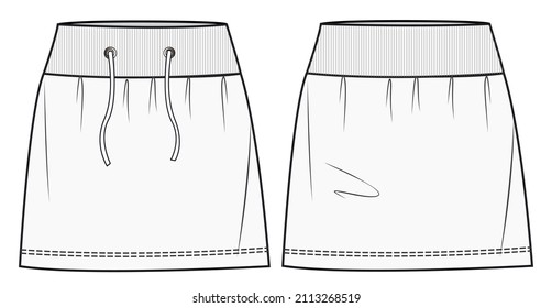 Skirt fashion flat sketch template. Mini skirt fashion flat. Short skirt with drawstring flat drawing.