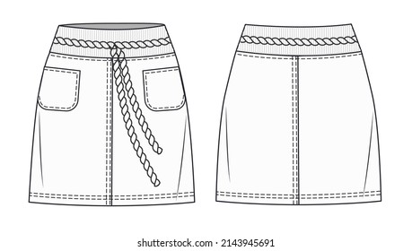 Skirt fashion flat sketch template. Jeans mini Skirt fashion flat design. Girl denim Skirt technical drawing template.