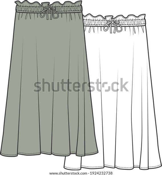 Skirt fashion technical drawings, flat sketch\
template, vector