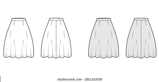 Skirt flared skater technical fashion illustration with below-the-knee silhouette, semi-circular fullness. Flat bottom template front, back, white grey color style. Women, men, unisex CAD mockup
