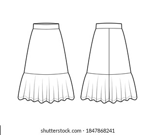 Skirt flounce technical fashion illustration with below-the-knee lengths, A-line silhouette, thick waistband . Flat bottom template front, back, white color style. Women men unisex CAD mockup