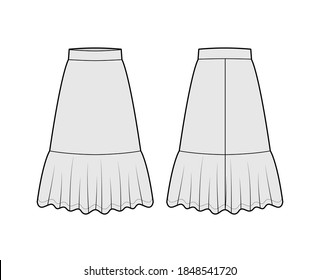 Skirt flounce technical fashion illustration with below-the-knee lengths, A-line silhouette, thick waistband . Flat bottom template front, back, grey color style. Women men unisex CAD mockup