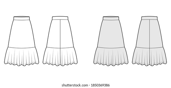 Skirt flounce technical fashion illustration with below-the-knee lengths, A-line silhouette, thick waistband . Flat bottom template front, back, white grey color style. Women men unisex CAD mockup