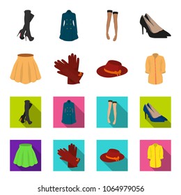 Skirt with folds, leather gloves, women hat with a bow, shirt on the fastener. Women clothing set collection icons in cartoon,flat style vector symbol stock illustration web.