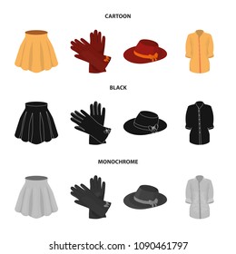Skirt with folds, leather gloves, women hat with a bow, shirt on the fastener. Women clothing set collection icons in cartoon,black,monochrome style vector symbol stock illustration web.