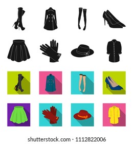 Skirt with folds, leather gloves, women's hat with a bow, shirt on the fastener. Women's clothing set collection icons in black,flet style vector symbol stock illustration web.