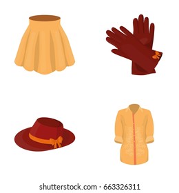 Skirt with folds, leather gloves, women's hat with a bow, shirt on the fastener. Women's clothing set collection icons in cartoon style vector symbol stock illustration web.