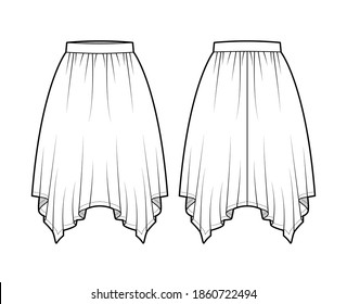 Skirt handkerchief technical fashion illustration with circular knee silhouette, pencil fullness, thin waistband. Flat bottom template front, back, white color style. Women, men, unisex CAD mockup