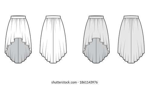 Skirt high low technical fashion illustration with knee-ancle silhouette, semi-circular fullness, thick waistband. Flat bottom template front, back, white grey color style. Women men unisex CAD mockup