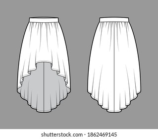 Skirt high low technical fashion illustration with knee-ancle silhouette, semi-circular fullness, thick waistband. Flat bottom template front, back, white color style. Women, men, unisex CAD mockup