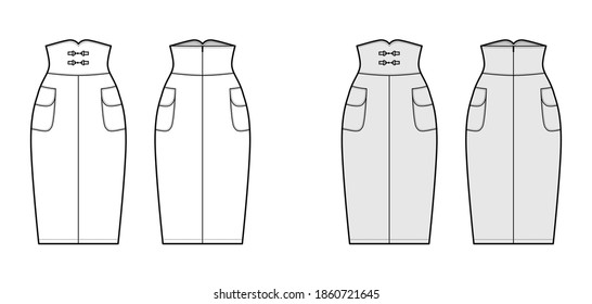 Hoch aufgerissene Manufaktur mit technischer Modegrafik mit gerader Knie-Silhouette, Bleistiftzeit, Seitentaschen. Flat bottom Template front, back, weiß graue Farbe Stil. Frauen, Männer, CAD-Modell