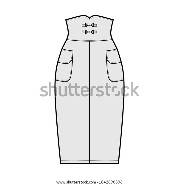 スカートの高くウエストとシーステクニカルファッションイラスト まっすぐな膝シルエット 鉛筆のふくらみ サイドポケット 平らな下のテンプレートの前面 グレーの色スタイル 女性 男性 ユニセックスcadのモックアップ のベクター画像素材 ロイヤリティフリー