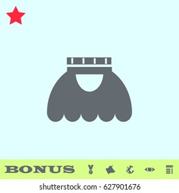 Skirt icon flat. Grey pictogram on blue background. Vector illustration symbol and bonus buttons medal, cow, earth, eye, calculator