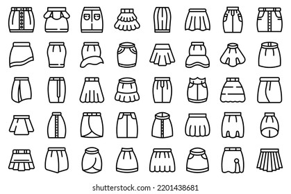 Los iconos de falda establecen el vector de contorno. Prendas de vestir. Mini corto