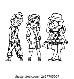 skirt kid girl summer fashion vector. top blouse, tee sandals, sneakers hat skirt kid girl summer fashion character. people black line pencil drawing illustration