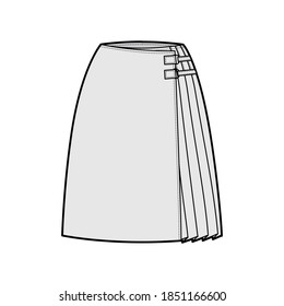 Skirt kilt wrap technical fashion illustration with straight knee silhouette, close with carabiner connector. Flat bottom template front, grey color style. Women, men, unisex CAD mockup