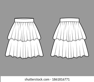 Skirt layered flounce technical fashion illustration with knee length silhouette, circular fullness, thick waistband. Flat bottom template front, back, white color style. Women, men, unisex CAD mockup