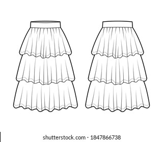 Skirt layered ruffle tiared flounce technical fashion illustration with below-the-knee lengths, circle silhouette. Flat bottom template front, back, white color style. Women men unisex CAD mockup