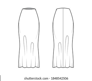 Skirt long bias cut technical fashion illustration with maxi lengths silhouette, semi-fitted fullness. Flat bottom template front, back, white color style. Women, men, unisex CAD mockup