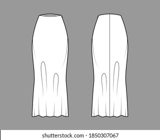 Skirt long bias cut technical fashion illustration with maxi lengths silhouette, semi-fitted fullness. Flat bottom template front, back, white color style. Women, men, unisex CAD mockup