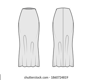 Skirt long bias cut technical fashion illustration with maxi lengths silhouette, semi-fitted fullness. Flat bottom template front, back, grey color style. Women, men, unisex CAD mockup