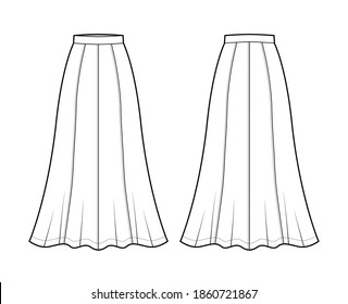 Skirt maxi acht graue technische Modegrafik mit Knöchellängen Silhouette, halbkreisförmige Vollheit. Flat bottom Template front, back, white color style. Frauen, Männer, unisex CAD-Modell nach oben