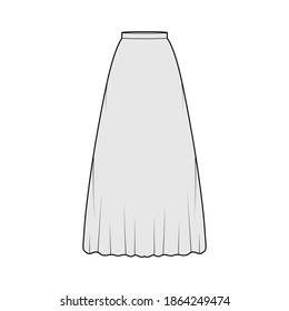Skirt maxi long technical fashion illustration with floor ankle lengths silhouette, semi-circular fullness. Flat bottom template front, grey color style. Women men unisex 
