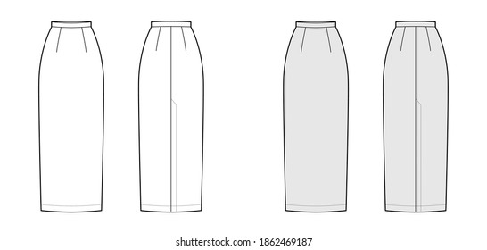 Skirt maxi pencil fullness silhouette technical fashion illustration with back slit, floor ankle lengths. Flat bottom template front, white grey color style. Women men unisex CAD mockup