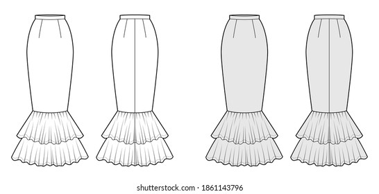 Skirt mermaid fishtail maxi technical fashion illustration with floor ankle lengths silhouette, pencil fullness. Flat bottom template front, back, white grey color style. Women men unisex CAD mockup