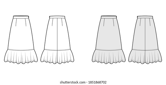 Skirt midi prairie dirndl technical fashion illustration with mid-calf lengths, semi-circular fullness, thick waistband. Flat bottom template front, back, white grey color style. Women men CAD mockup