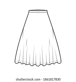 Skirt midi round technical fashion illustration with knee lengths silhouette, circular fullness, thin waistband. Flat bottom template front, white color style. Women, men, unisex CAD mockup