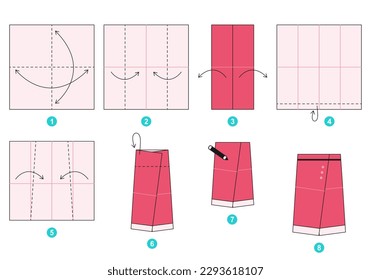 Tutorial-Modell des Rock Origami. Origami für Kinder. Schritt für Schritt, wie man ein süßes Origami Stoff für Frauen zu machen. Vektorgrafik.
