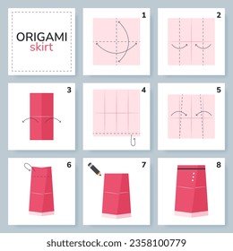 Skirt origami scheme tutorial moving model. Origami for kids. Step by step how to make a cute origami cloth for women. Vector illustration.