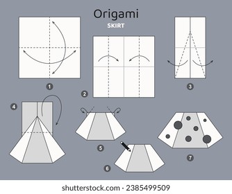 Skirt origami scheme tutorial moving model. Origami for kids. Step by step how to make a cute origami clothing. Vector illustration.