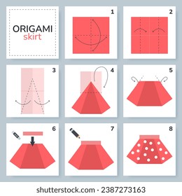 Modelo de movimiento de tutoriales de esquema de origami esquirático. Origami para los niños. Paso a paso cómo hacer una linda ropa de origami. Ilustración vectorial.