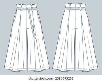 Skirt Pants technical fashion illustration. Culottes Wide Skirt Pants fashion flat technical drawing template, pleats, back zipper, pocket, belt, front, back view, white, women, men, unisex CAD mockup