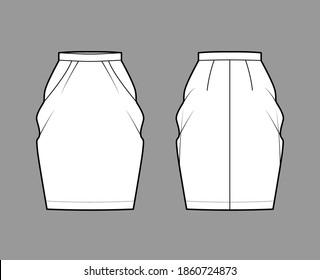 Skirt peg-top technical fashion illustration with straight knee silhouette, pencil fullness, thin waistband. Flat bottom template front, back, white color style. Women, men, unisex CAD mockup