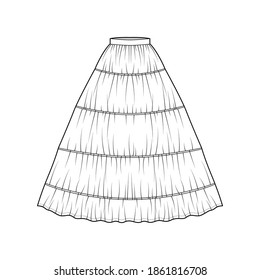 Skirt petticoat for gown technical fashion illustration with maxi floor length silhouette, circular fullness. Flat undergarment bottom template front, white color style. Women, men, unisex CAD mockup