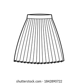 Skirt pleat technical fashion illustration with above-the-knee silhouette, circular fullness, thick waistband. Flat bottom template front, white color style. Women, men, unisex CAD mockup