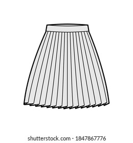 Skirt pleat technical fashion illustration with above-the-knee silhouette, circular fullness, thick waistband. Flat bottom template front, grey color style. Women, men, unisex CAD mockup