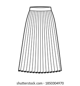 Skirt pleat technical fashion illustration with below-the-knee silhouette, circular fullness, thick waistband. Flat bottom template front, white color style. Women, men, unisex CAD mockup
