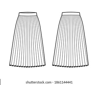 Skirt pleat technical fashion illustration with below-the-knee silhouette, circular fullness, thick waistband. Flat bottom template front, back, white color style. Women, men, unisex CAD mockup